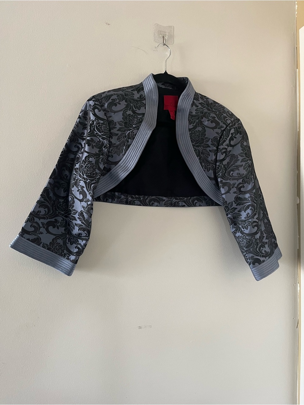 Vintage JS Collections Blue Black Damask Jacquard Bolero Jacket 16 Formal